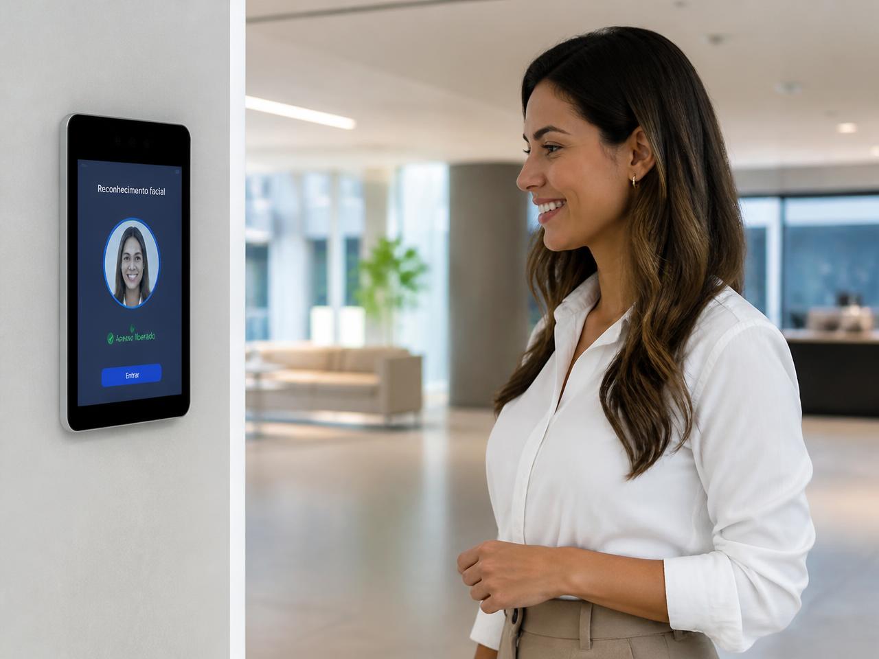 Colaboradora registrando ponto por reconhecimento facial no totem Keyi